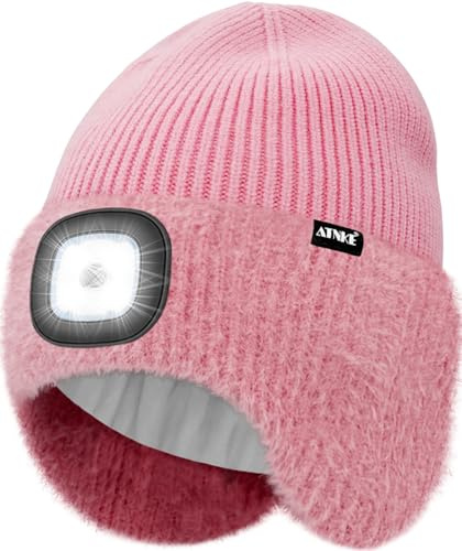 ATNKE LED Beleuchtete Ohrenklappen Mütze mit Licht,USB Wiederaufladbare 4 LED Freihändig Stirnlampe Laufmütze Winter Warm Fleece Gefüttert Strick Mütze Geschenke für Herren und Damen