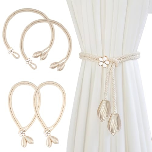 4 Stück Vorhang Raffhalter, Verstellbare Gardinenhalter Elegante Baumwolle | Baumwolle Gardinen Raffhalter, Off-White Dekorative Gardinenhalter für Zuhause, Büro(50 cm)