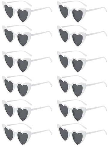 HAINLOGWANG Partybrille Herz Sonnenbrill, 12 Stück Herz Sonnenbrille Hochzeit Damen, Vintage Herzform Brille, Bride to Be Deko Sonnenbrille Herzform, JGA Partybrillen für Party, Hochzeit(Weiß)