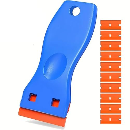 AYMBH Set Plastic Car Sticker Remover Scraper Tool – Mini Ergonomic Adhesive Residue Remover with 10 Double-Edge Blades – Safe Glass, Hob & Decal Cleaning Scraper for Home, Auto & Kitchen