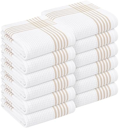 HEIRLOOM COMFORT Waffel-Küchentücher, 100 % Baumwolle, 40,6 x 66 cm, ultra-saugfähig, schnell trocknend, wiederverwendbare Geschirrtücher zum Trocknen, Reinigen, Küchengebrauch, Beige und Weiß, 12