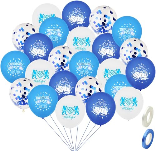 Oktoberfest Deko, 24 Stück Oktoberfest Luftballons, Bayrische Luftballons Blau Weiße, Bayerische Motiv, für Bayern Deko Oktoberfests Party Dekoration (mit Weißes+Blaues Klebeband)