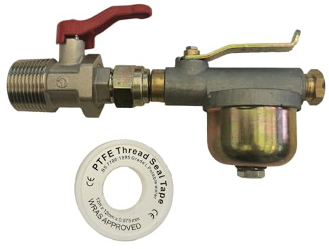 Ultra Compact Oil Tank Isolation Valve with 50 Micron Filter – 1 BSPT Inlet × 3/8 BSP / 10mm Compression Outlet – Shut-Off Lever Valve Kit for Heating Oil Tanks – No Drain Maintenance Solution