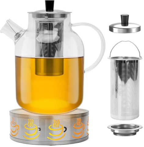 Yuragim Teekanne mit Stövchen Set, 1800ml Teekanne Glas mit Siebeinsatz & Stövchen, Teebereiter Teeservice Tee Kanne mit Sieb&Edelstahl Teewärmer für Schwarzen Grüner Tee Fruchttee Duftender Teebeutel