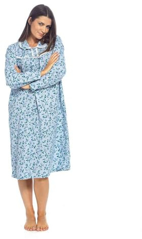 Thingimijigs Chemise de nuit pour femme imprimée florale en coton brossé, manches longues, bordure brodée anglaise, boutonnée sur le devant, longueur au-dessous du genou, rose ou bleu, bleu, 42-44