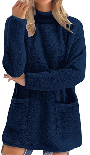 Générique Överdimensionerad damtröja med rund hals - extra stor storlek utan huva enfärgad tröja med två fickor toppar långärmad sweatshirt mode toppar långärmad tröja, Marin, S