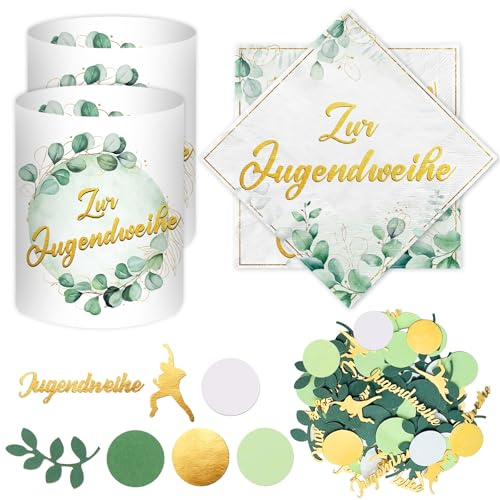 20 Stück Servietten Jugendweihe + 12 Windlicht +100 Konfetti Tischdeko, Zur Jugendweihe Deko Mädchen Junge 2026 Eukalyptus Grün Gold, Party Deko Geschenke Gastgeschenk