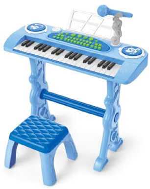 Baroni Toys Tastiera Elettronica con Sgabello per Bambini 3+ Anni con Microfono, Pianola Musicale con Melodie e Suoni Educativi, Tastiera 37 Tasti con Sedia Azzurra, 48x20x53cm