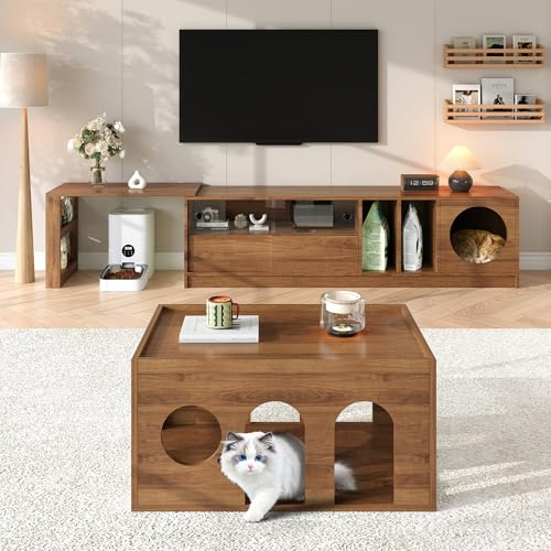 OKMYHOME Ensemble Salon 2 Pièces - Meuble TV Rotatif avec Espace Chat et Table Basse Bois Noyer pour Animaux, Multifonction et Pratique, Noyer