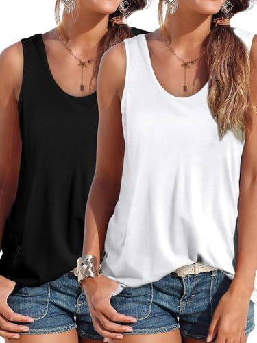 DUOEASE Elegant Camisetas de Tirantes Mujer Cuello Crew Moda Camiseta Sin Mangas Clásico Verano Tshirt-2Pack-Negro/Blanco-3XL