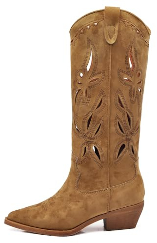 IF Stivali Texani Donna al Ginocchio, Ricami e Lavorazione Traforata, Suola in Gomma Silenziosa,Stile Cowboy Camperos MP746-3 cuoio 39