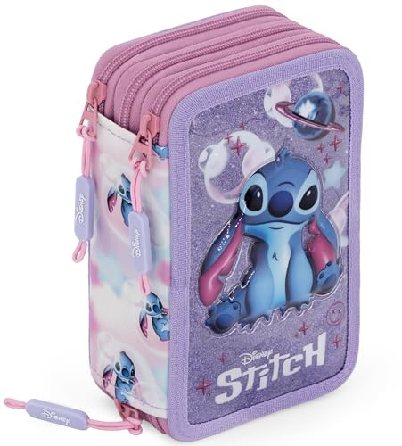 3-Fach Federmäppchen Mädchen Gefüllt für Stitch Fan – Schulmäppchen Set 46 Teile mit Radierbaren Stiften, Filzstiften, Buntstiften – ideal für Schule & als Geschenk