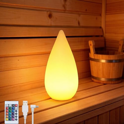 POCKETMAN Dimmbare kabellose Saunalampe, hohe Lichtstärke 16 RGB-Farben LED-Tischlampe, Wasserdrop-Form mit Fernbedienung und USB-C-Aufladbar Nachtlicht, für Outdoor Restaurant Bar Schlafzimmer Garten
