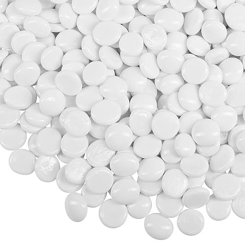 ARSUK Decorative Glass Pebbles Stones Beads Rounded Gems Flat Marble, Vase Filler, Fire Artificial Crystal Gemstones for Aquarium, Mosaic Tiles Vases Craft, Garden Flowerpot (180Pcs-White)