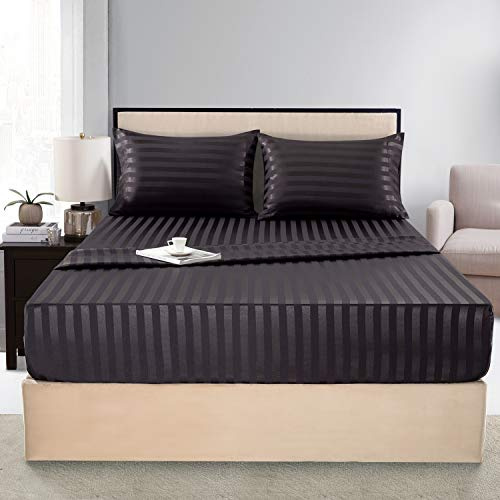 Set di biancheria da letto matrimoniale in raso di seta, colore nero, con tasche profonde, ipoallergeniche, resistenti alle pieghe e allo sbiadimento, a righe