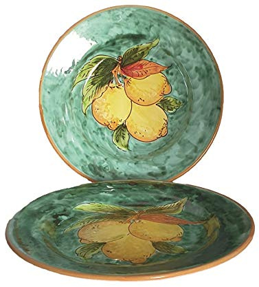 Piatti da Portata in Ceramica di Vietri Dipinti a Mano (Coppia Piano e Fondo – Decoro Limoni e Verde Ramina) Arredo Tavola Cucina Lista Nozze Made in Italy