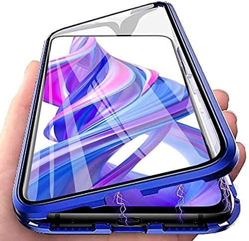 LIUKM Hülle für Huawei P30 Magnetische Adsorption Handyhülle 360 Grad Stoßschutz Vorne hinten Gehärtetes Glas Schutzhülle Metallrahmen Cover Case - Blau