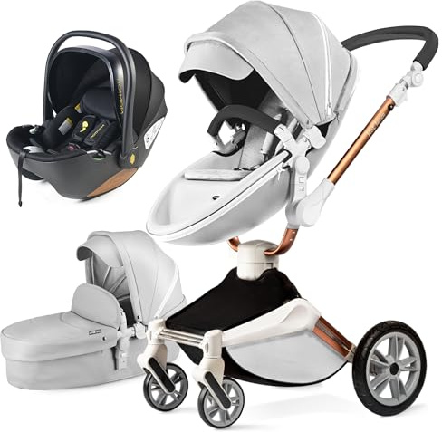 Hot Mom Kinderwagen 2in1 mit 360° Drehfunktion, kombikinderwagen mit Babywanne/Sportwagen, PU-Reifen & Kunstleder-Sitz (Grau)