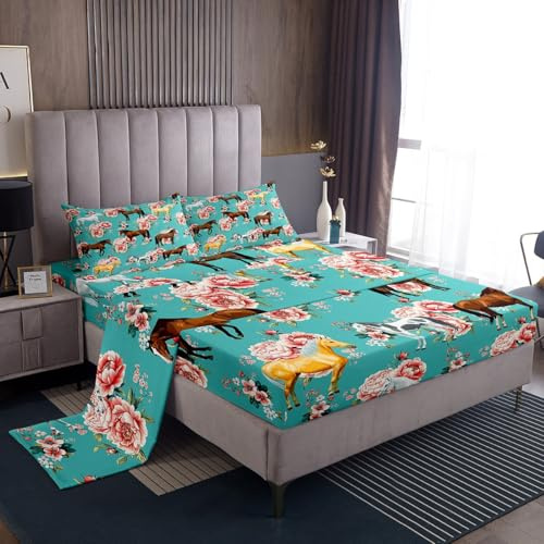 Kids Horse Bedding Set Chic Retro Floral Bed Sheets For Girls Teens Galloping Horse Printed Sheet Set 3D Wild Farm Animal Fitted Sheet Bedroom Decor Flat Sheet 3Pcs Twin Size Deep Pocket, Green Pink
