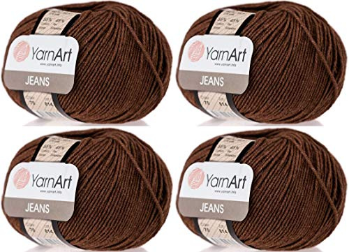 4er-Set - 4 Knäuel YarnArt Jeans 55% Baumwolle 45% Acryl Garn Mischung Faden Häkeln Handstrickkunst Lot von 4skn 200 g 696 Yds (70 Braun)