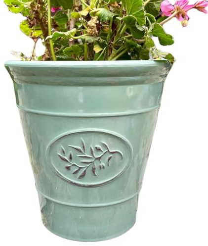 Darthome Glossy Green Round Planter, Ceramic Effect Plastic, 22x23cm, Lightweight, Drainage Holes, Classic Garden Flower Pot (1)