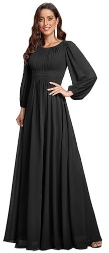 Ever-Pretty Vestito da Sera Donna Lungo Cintura Rotondo Manica Lunga Elegante Abiti da Cerimonia ES0106B Nero 42