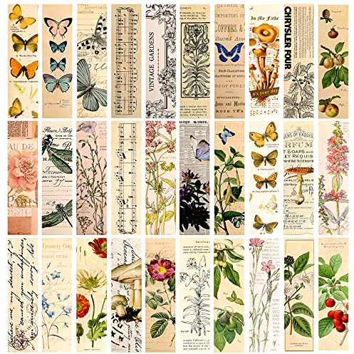 30 Stück ästhetische Lesezeichen für Buchliebhaber, Vintage-Stil Papier-Lesezeichen Pack Schmetterling Blume Pflanze