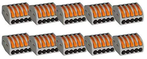 WAGO 222 Klemmen 5 polig, 0,08 bis 4mm² Kabelklemmen mit Hebel, Kunststoff grau-orange, 10-Stück