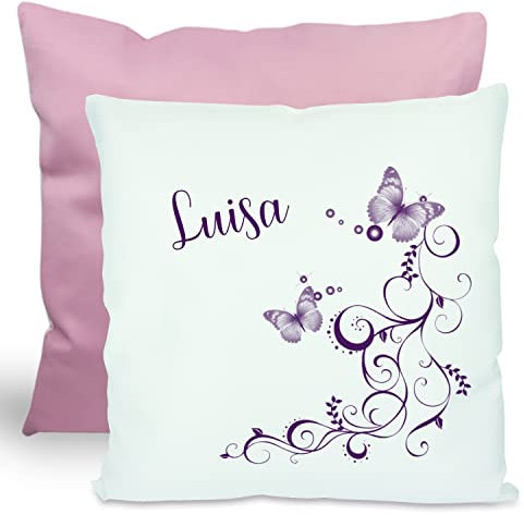 CreaDesign, Kinder Kissen 40x40 cm personalisiert mit Namen, Kinderzimmer Deko Kissen Kinder mit Füllung Federn, Motiv Schmetterling lila, Rückenfarbe Rosa