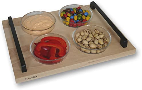 Rondia Bowls – Serviertablett mit Griffen und integrierten Schüsseln, Servierschalen, Snackschalen, Dessertschalen Set für Grillen, Raclette, Schoko-Fondue, Tapas, Dips, Partys und mehr – 4x 250ml