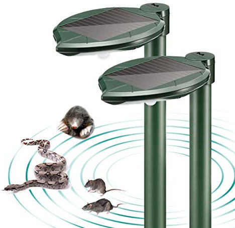Solar Snake Repellent Ultrasonic Outdoor with LED Light, Sonic Mole Repeller Solar-Powered, Snake Mole Vole Gopher Away for Lawn Yard 2PK