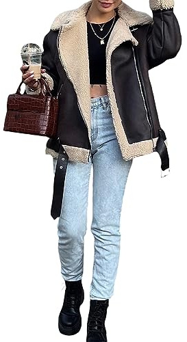 Frauen Kunstleder Bomberjacke Übergroße Pelz Reißverschluss Warm Mantel Vintage Biker Outwear Streetwear