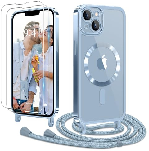 Ethanger für iPhone 13 iPhone 14 Hülle mit Band + 2 Schutzfolie, Blau | Handyband Transparent Silikon Handyhülle, Magnetische Schutzhülle Case zum Umhängen Kordel