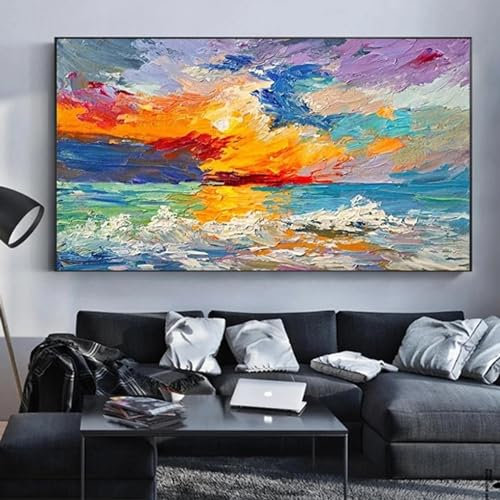 Rumlly Abstrakte bunte Wolken-Ölgemälde auf Leinwand, Wandkunst, modernes Meer-Sonnenuntergang-Poster und Drucke für Wohnzimmer, Heimdekoration, Cuadros, 70 x 100 cm Innenrahmen