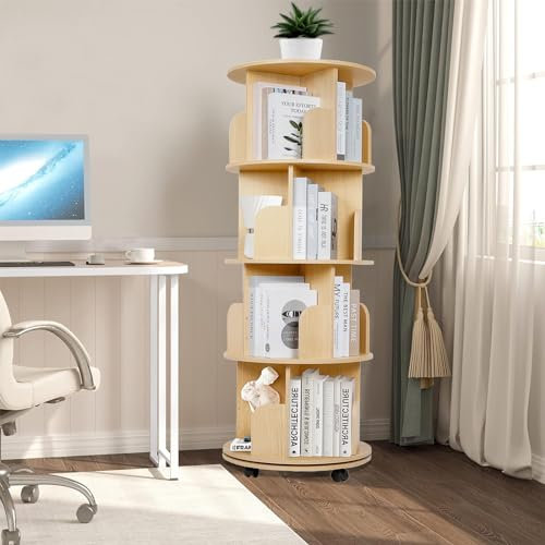 Nisorpa Bibliothèque Rotative à 4 Niveaux Avec Roulettes - Étagère à 360° d'Angle Haute Sur Pied - Pour Livres