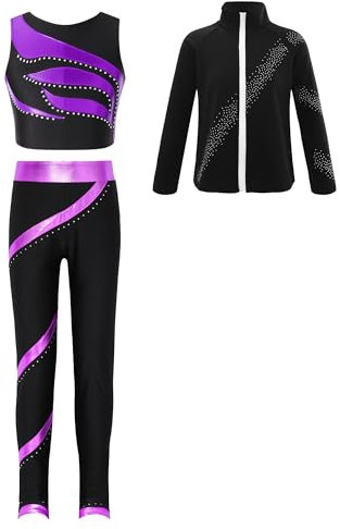 iiniim Kinder Mädchen Trainingsanzug Sportanzug 3tlg.Eiskunstlauf Anzug Glitzer Langarm Sweatjacke + Sport BH + Hose Sport Leggings Yoga Gym Eislaufen Tanzkleidung Lila 134-140