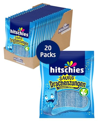hitschies Saure Drachenzungen Blau - Fruchtig-saure Fruchtgummis in Blau - Sorte: Blaue Himbeere - Drachenstarkes Kauvergnügen - Vegan - 20 x 125g