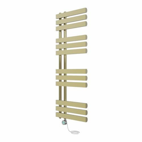 NRG Prefilled Designer Electric Heated Towel Rail Radiator Brushed Brass Thermostatic Bathroom Warmer with LCD Display 1200x450mm - 600 Watt