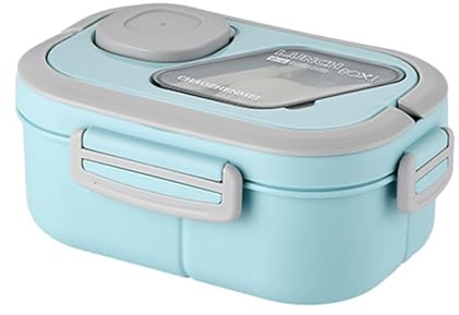 SDFNBRA 1200ml Bento Lunch Box, Double Layer, 6 Compartments, Blue | Double-layer 1200ml design with 6 compartments, cutlery storage, sauce dish and 4 locking clips for work and travel