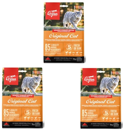 Orijen Cat Original Cat | 3er Pack | 3 x 340 g | Alleinfuttermittel für ausgewachsene Katzen | 85% hochwertige tierische Zutaten | Geflügel, Fisch, Innereien, Knorpel & Knochen