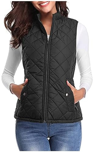 RLEHJN Gilet for Women, Ladies Body Warmer Quilted Vest Waistcoat Zip Up Sleeveless Down Jacket with Front Pockets Stand Collar Coats Padded Gilets for Autumn and Winter