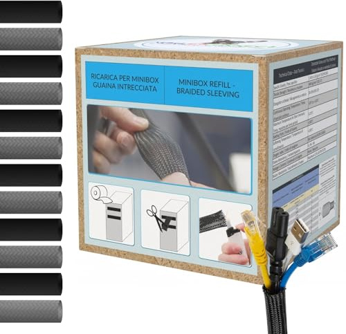 MarketConnect® Guaina Cavi Espandibile Ø 3mm, L 10mt x4 (40mt totali) • Raccogli e Nascondi Cavi • Ideale per Scrivania e TV • NERO • KIT RICARICA 4 PEZZI MINIBOX