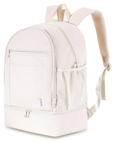 NOL Natural Organic Lifestyle Kids 2-in-1 Backpack & Insulated Lunch Bag-16 Multi-Functional Large Compartments Backpack for School & Travel, Double Deck, Water Resistant, Leak-proof, Padded (Cream)