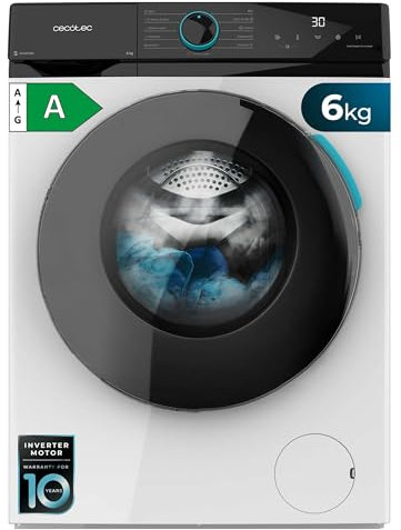 Cecotec Lavadora 6Kg Carga Frontal Bolero DressCode 6160 Inverter. 1200RPM, 11 Programas, Bajo Consumo, Motor Inverter Plus, Steam Max, Drum Clean, Programa Rápido 15', Panel con Display LED