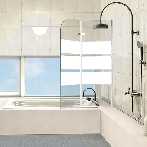 Ollewiellan Paroi de douche pour baignoire, 100 x 140 cm, en 2 parties, pliable, avec verre de sécurité ESG de 6 mm, bandes blanches, paroi de baignoire en verre avec accessoire de baignoire