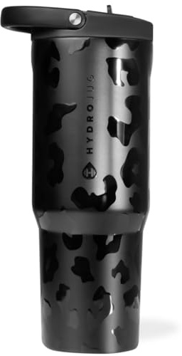 HydroJug Sport - Stainless Steel Tumbler with Straw, Vacuum Insulated, 40oz Leakproof Water Bottle, Ergonomic Design, Reusable, Dishwasher Safe, Rubber Base, Durable for Gym or Outdoors, Black Leopard