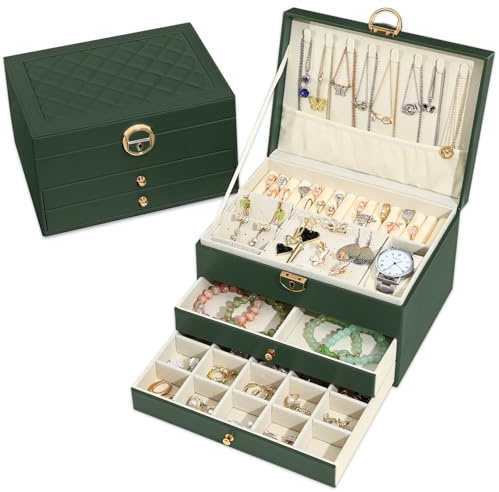 Granbest Boîte à bijoux à 3 étages avec 2 tiroirs, élégant organiseur de bijoux, étui de rangement en cuir, idéal pour colliers, bracelets, bagues et boucles d'oreilles (vert foncé)