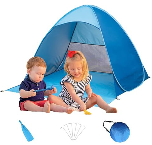 Strandmuschel Pop Up mit Tragetasche & Zeltpflöcke,Kleines Packmaß Windschutz Strand Zelt,Tragbar Extra Light Automatisches Strandzelt für 2-3 Personen,Wurfzelt Sonnenschutz für Familie Garten Camping