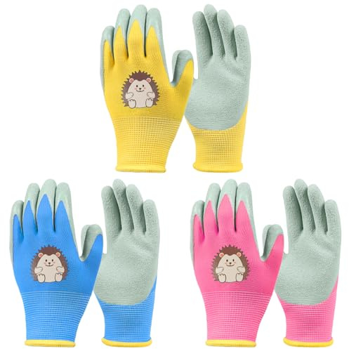 Ainiv 3 par arbetshandskar för barn, trädgårdshandskar för barn, halkfria latexskyddshandskar med palmbeläggning (L16 cm, B 6,5 cm, långfinger L6 cm)
