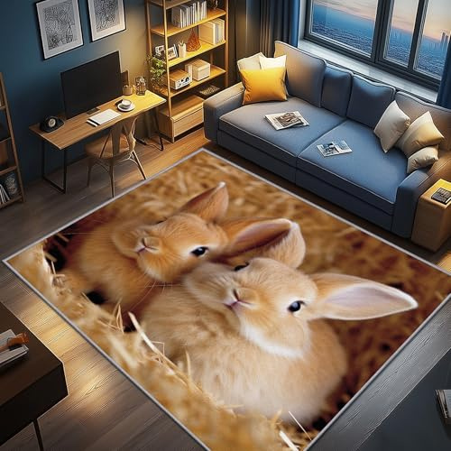 AevuCub Kaninchenmotiv Deko, Süße Häschen Bauernhaus Teppich 60x90 Kurzflor, Kleiner Teppich Wohnzimmer Waldtiere, Weich rutschfest Waschbare Teppiche, Bettvorleger Schlafzimmer Kinderzimmer